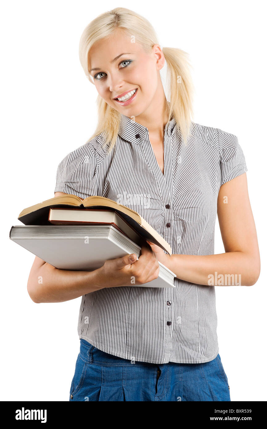 beautiful smiling student girl with some book over white Stock Photo ...