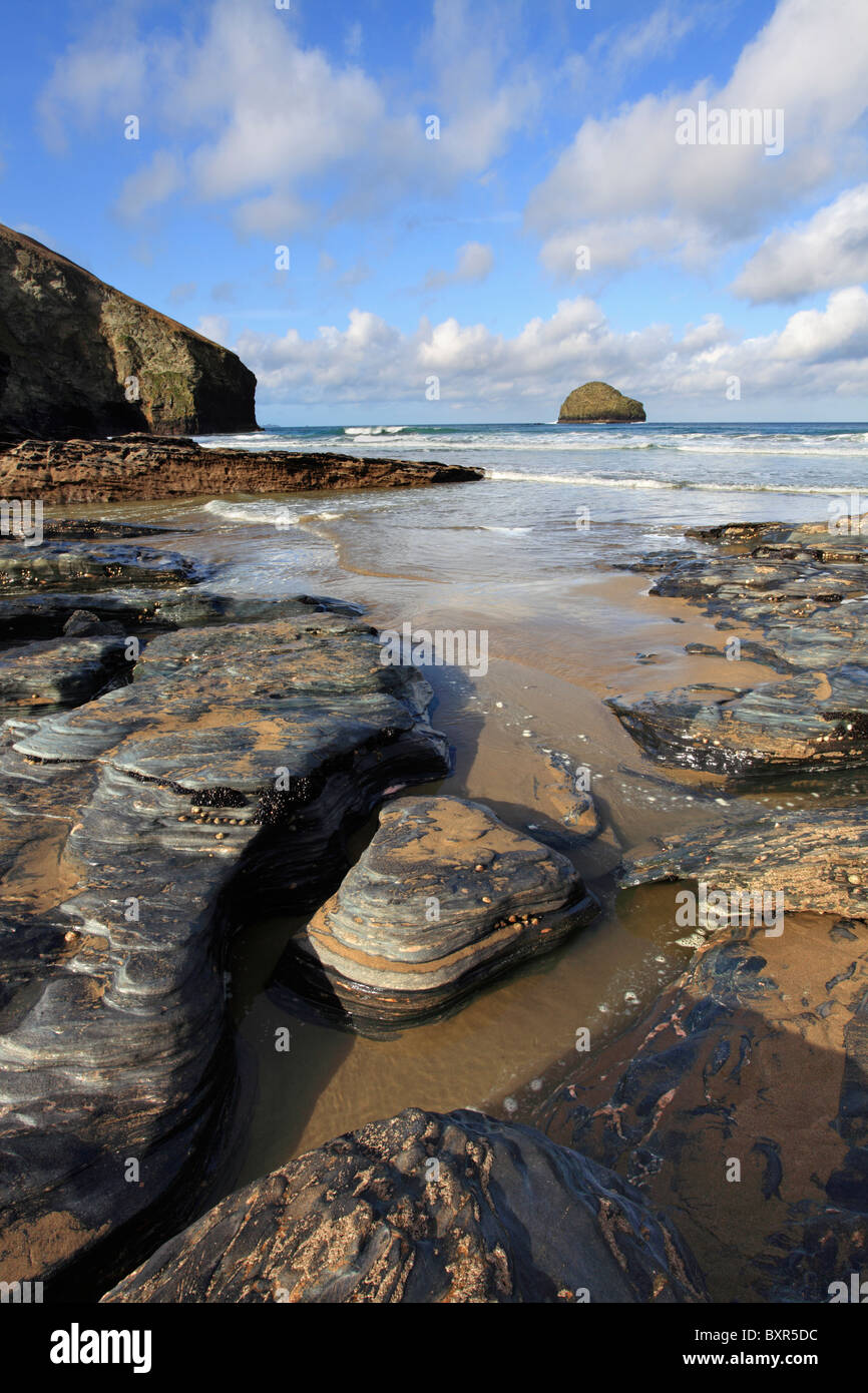 Beach at Trebarwith Strand captured at low tide Stock Photo