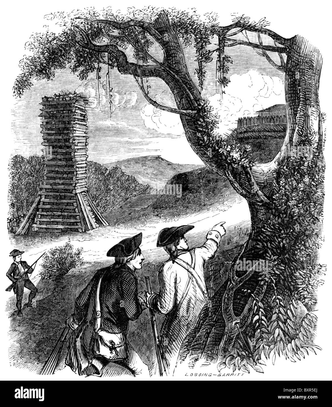 Francis Marion and officer Lee prepare the attack on Fort Watson, a strong fortification on the east bank of the Santee River. Stock Photo