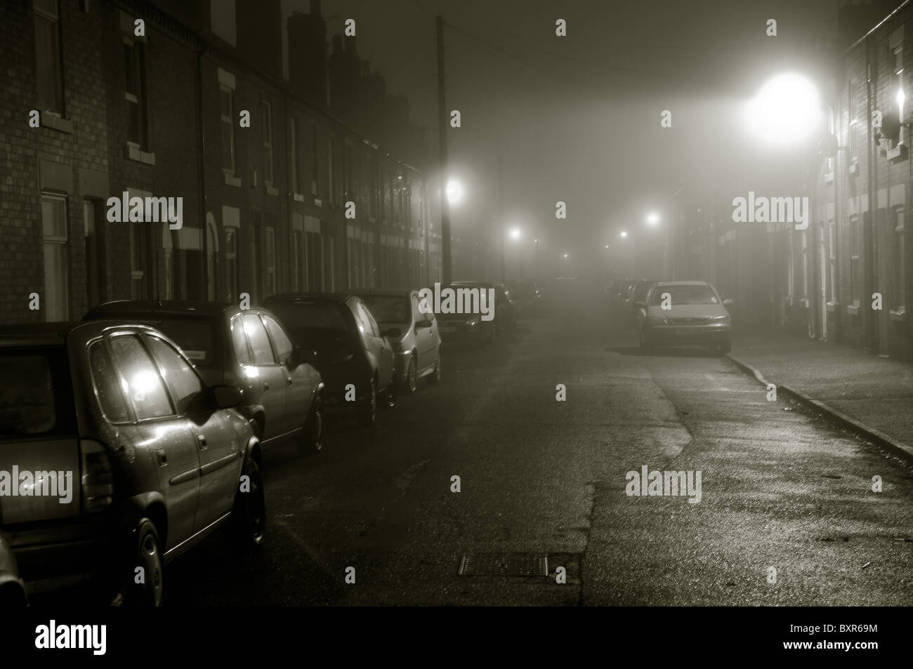English Street Foggy Night Winter. Stock Photo