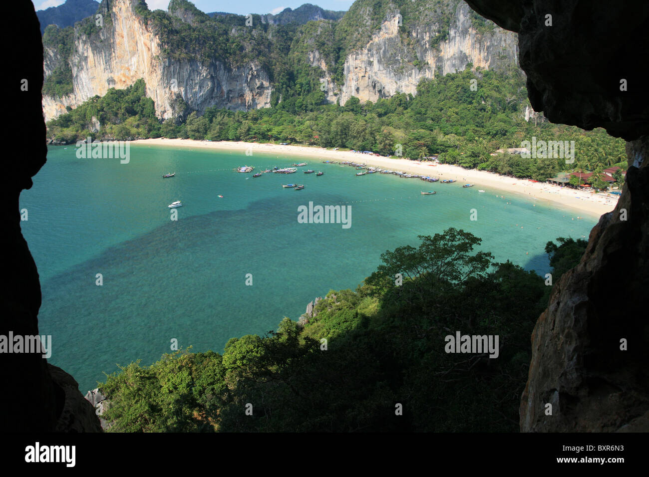 Railey West beach on the Tonsai Peninsula in Krabi Thailand from a cave in the Thaiwand wall Stock Photo