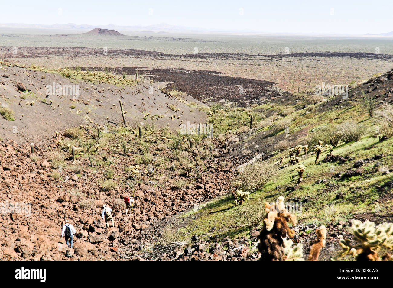 Hikers traversing rugged lava fields on side of Tecolote cinder cone, El Pinacate Biosphere Reserve, Sonora, Mexico Stock Photo