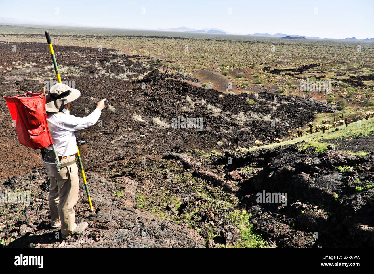 Geologist viewing lava flows from side of Tecolote cinder cone, El Pinacate Biosphere Reserve, Sonora, Mexico Stock Photo