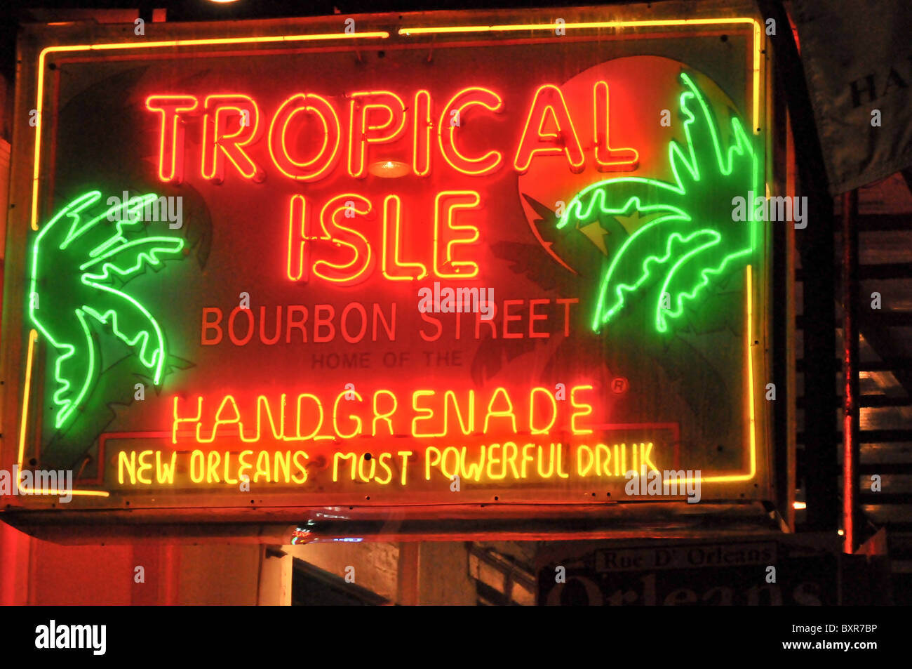 Tropical Isle Hand Grenade neon sign on Bourbon Street, French Quarter, New Orleans, Louisiana Stock Photo