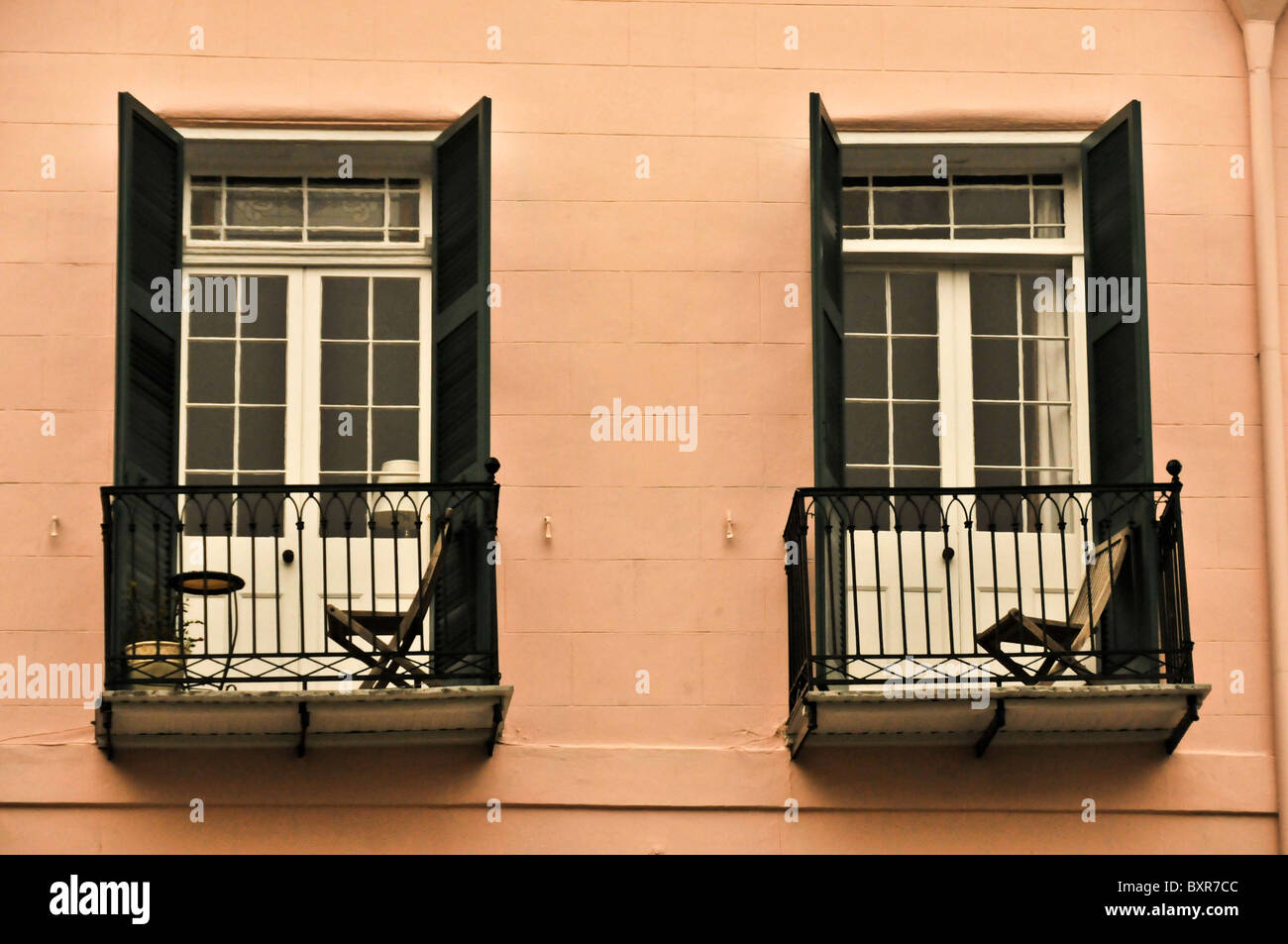 Balcony, ironwork and doors architectural detail, French Quarter, New ...