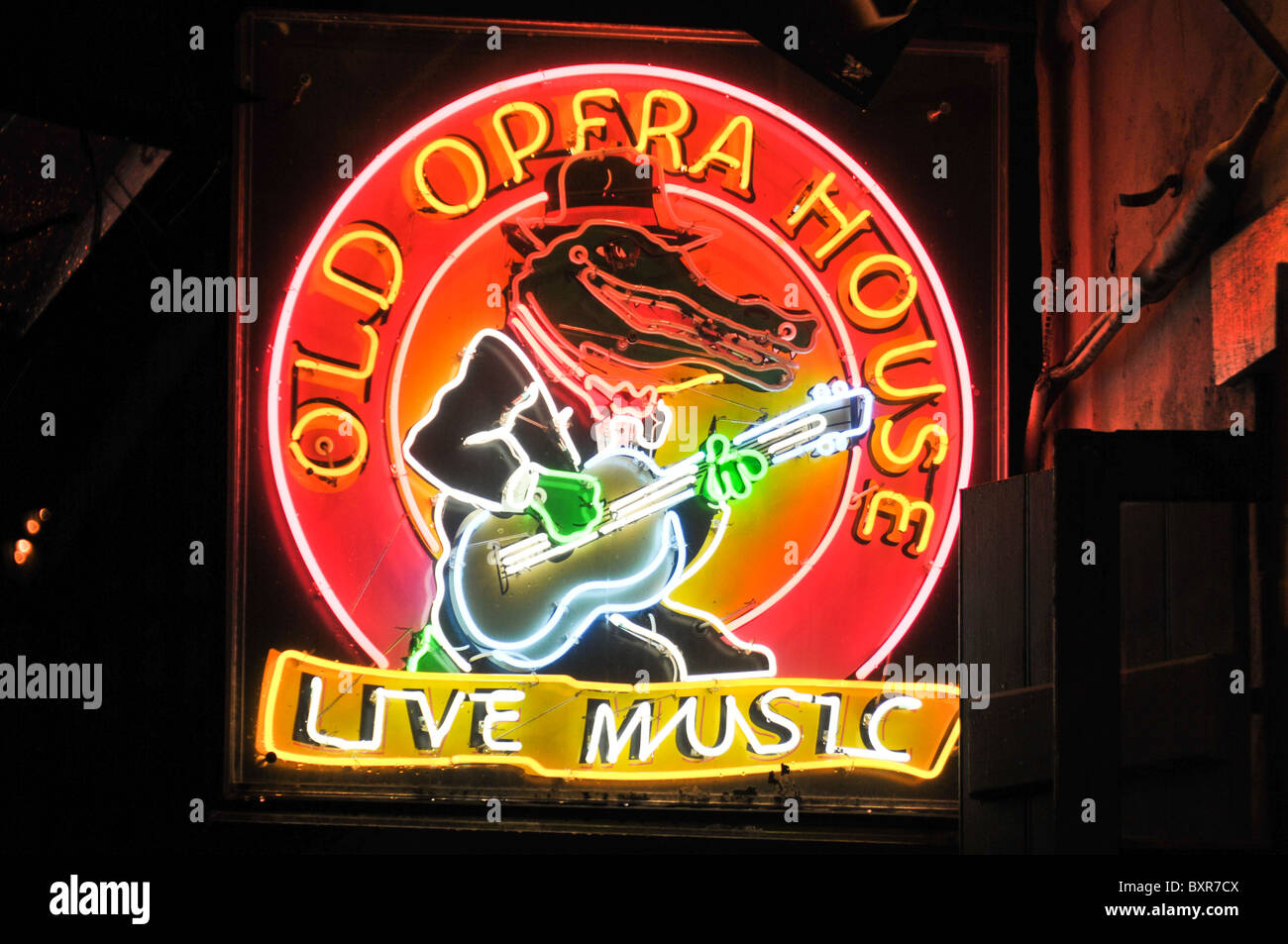 Old Opera House Live Music' neon sign on Bourbon Street, French Quarter, New Orleans, Louisiana Stock Photo