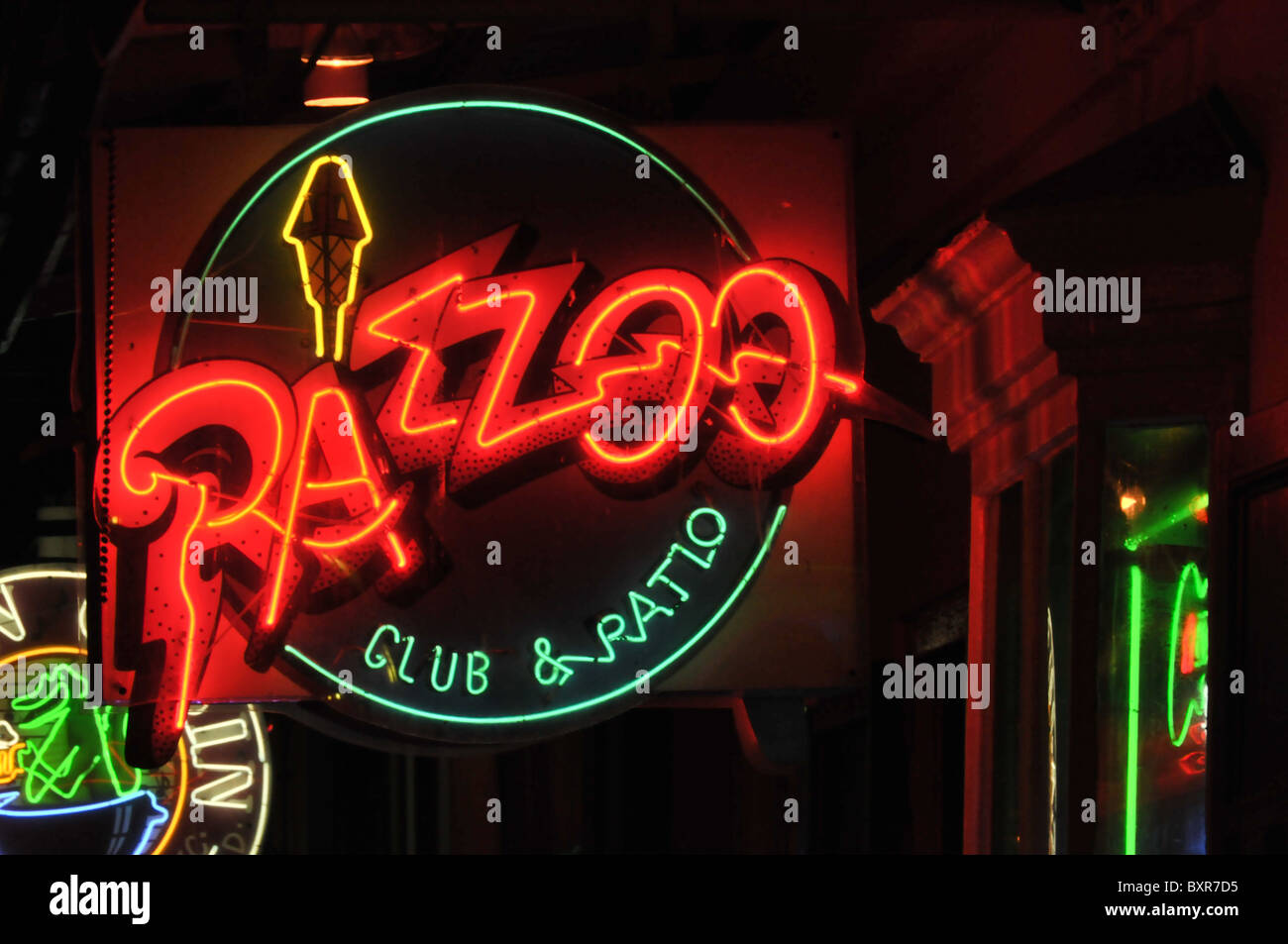 Razzoo Club & Patio' neon sign on Bourbon Street, French Quarter, New
