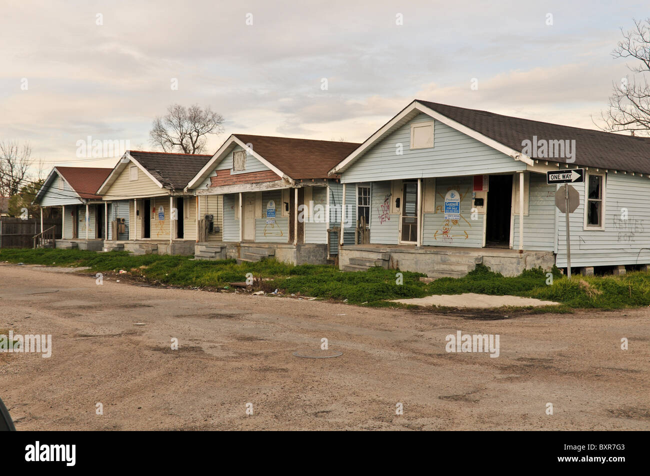 Houses for sale Lower 9th Ward after Hurricane Katrina flood, New Orleans, Louisiana Stock Photo