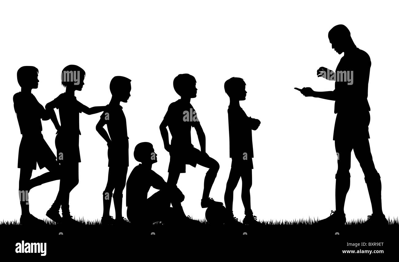 Illustrated silhouette of a man coaching children football Stock Photo