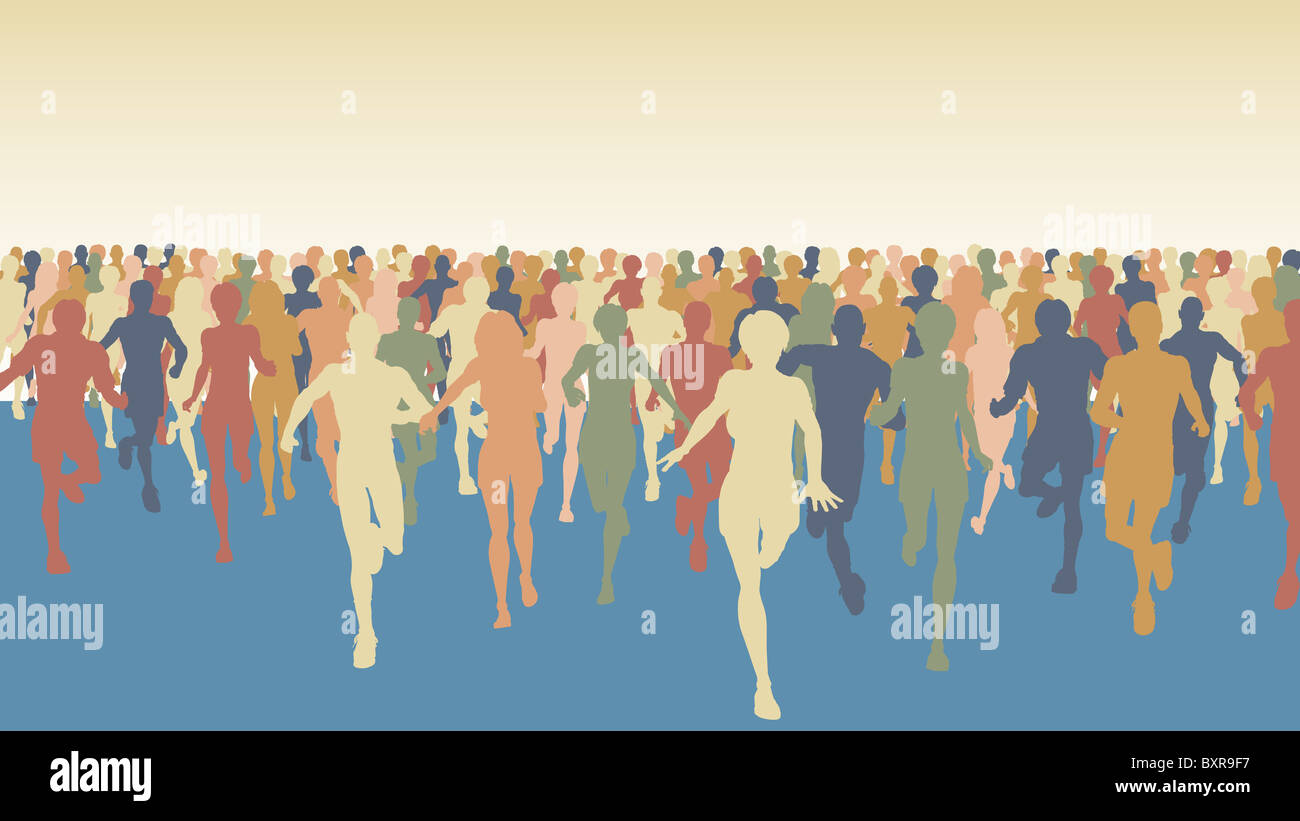 Colorful illustration of a large group of people running Stock Photo