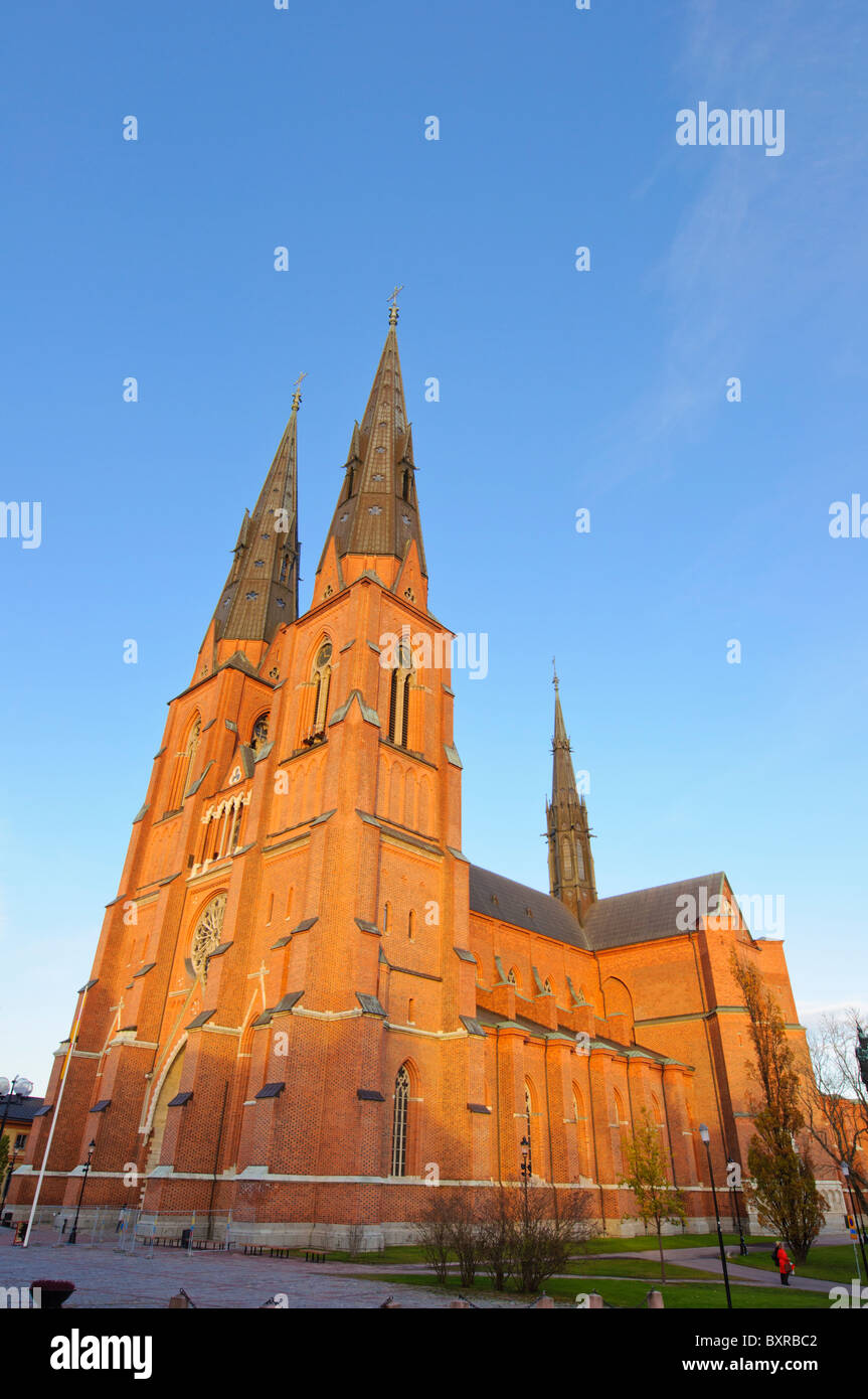 Large European cathedral with two spires, glowing in the evening sun under a blue sky. Stock Photo