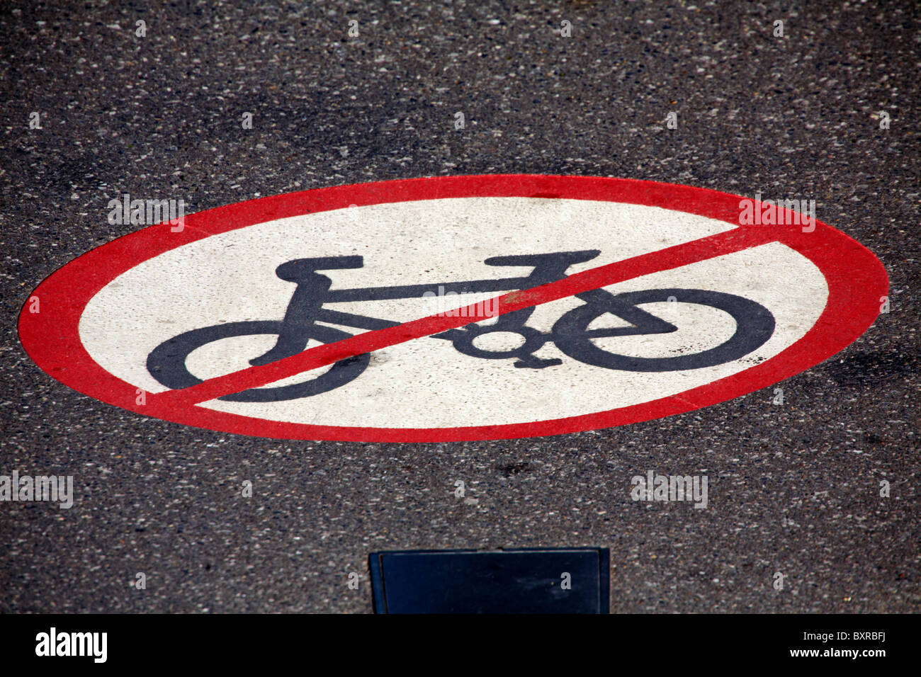 No cycling sign on road Stock Photo