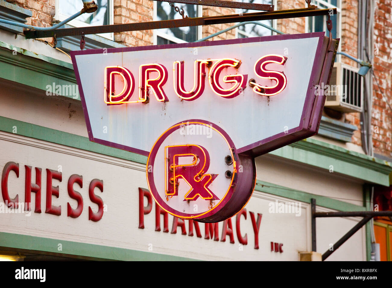 Old fashioned drugstore sign in Hyde Park, New York Stock Photo
