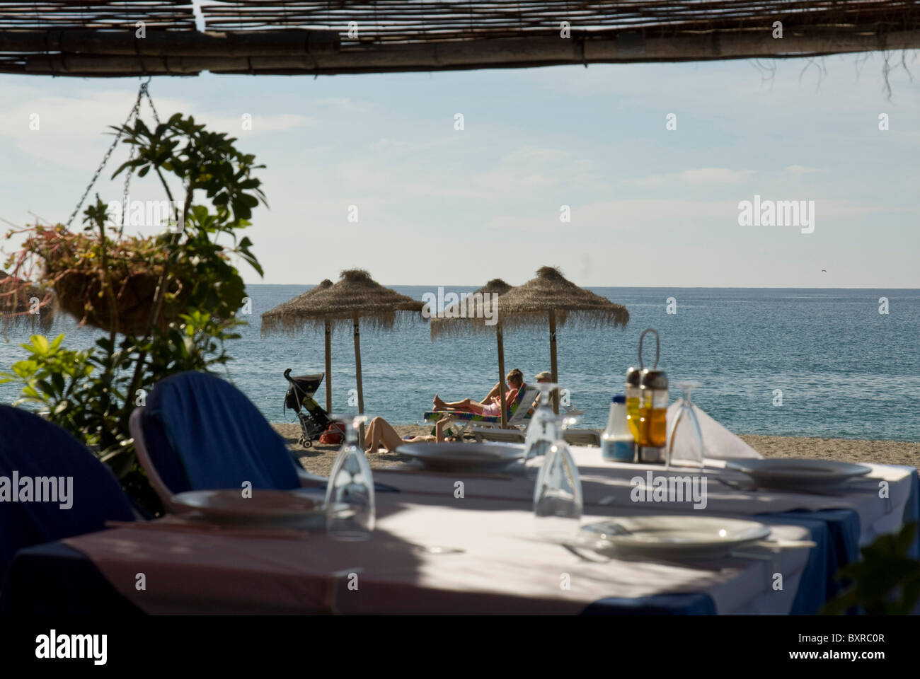 Beachside Restaurant, Salobrena, Spain, focus on beach Stock Photo