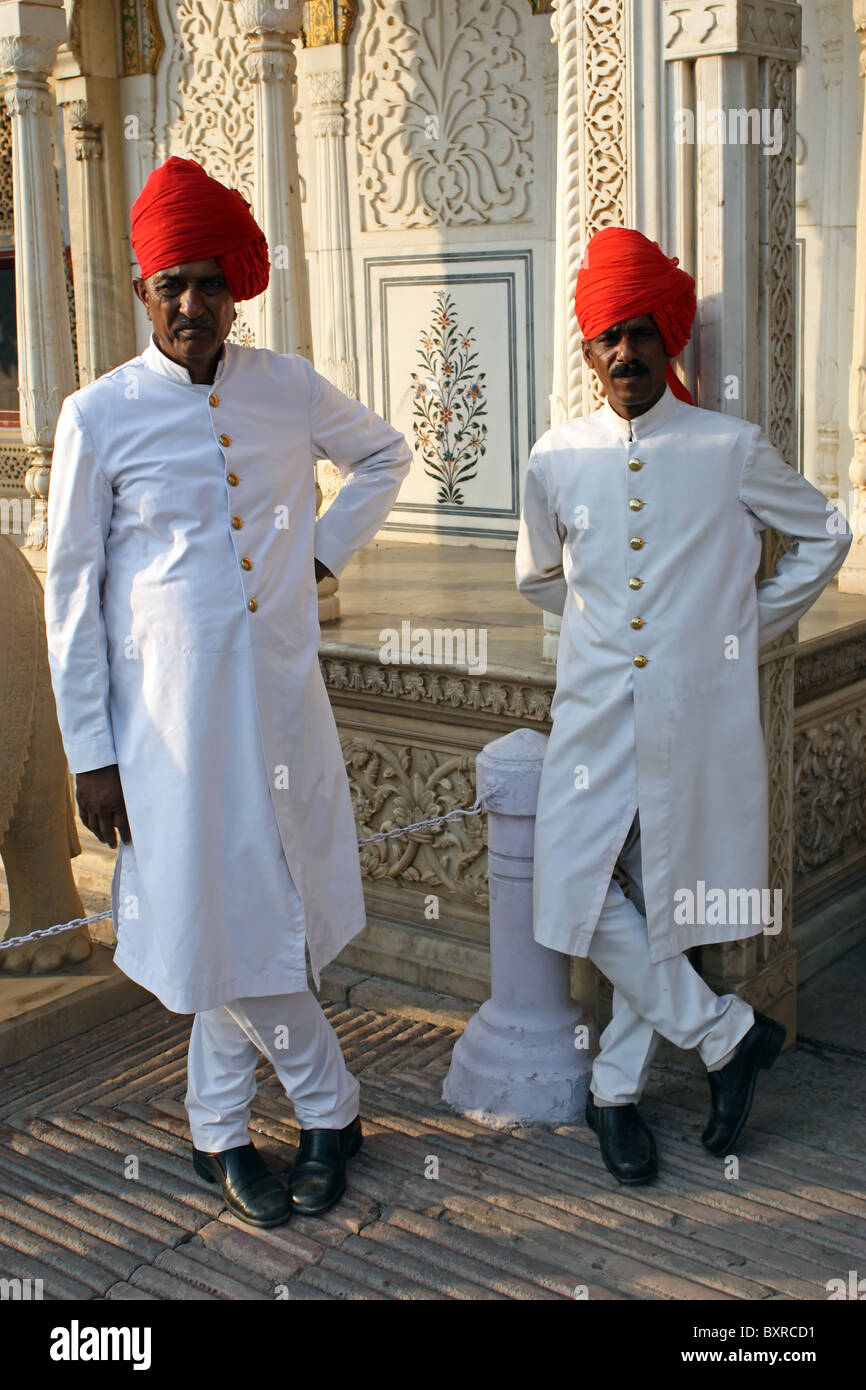 Two guards of Royal Palace in Rajasthan , India white red turban and royal uniform Stock Photo