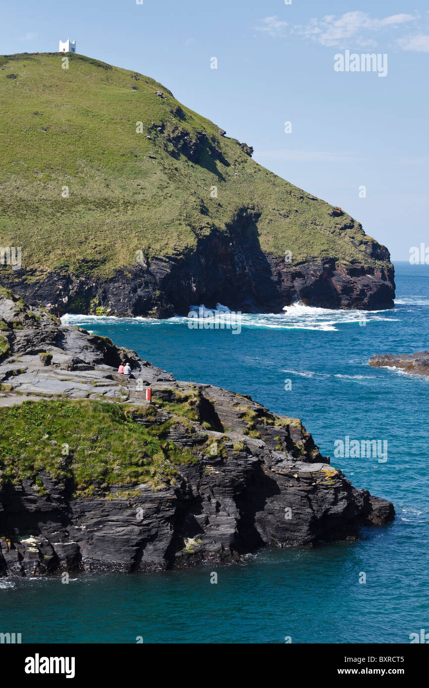 The entrance to Boscastle harbour and view towards Willapark Lookout, Cornwall, England Stock Photo