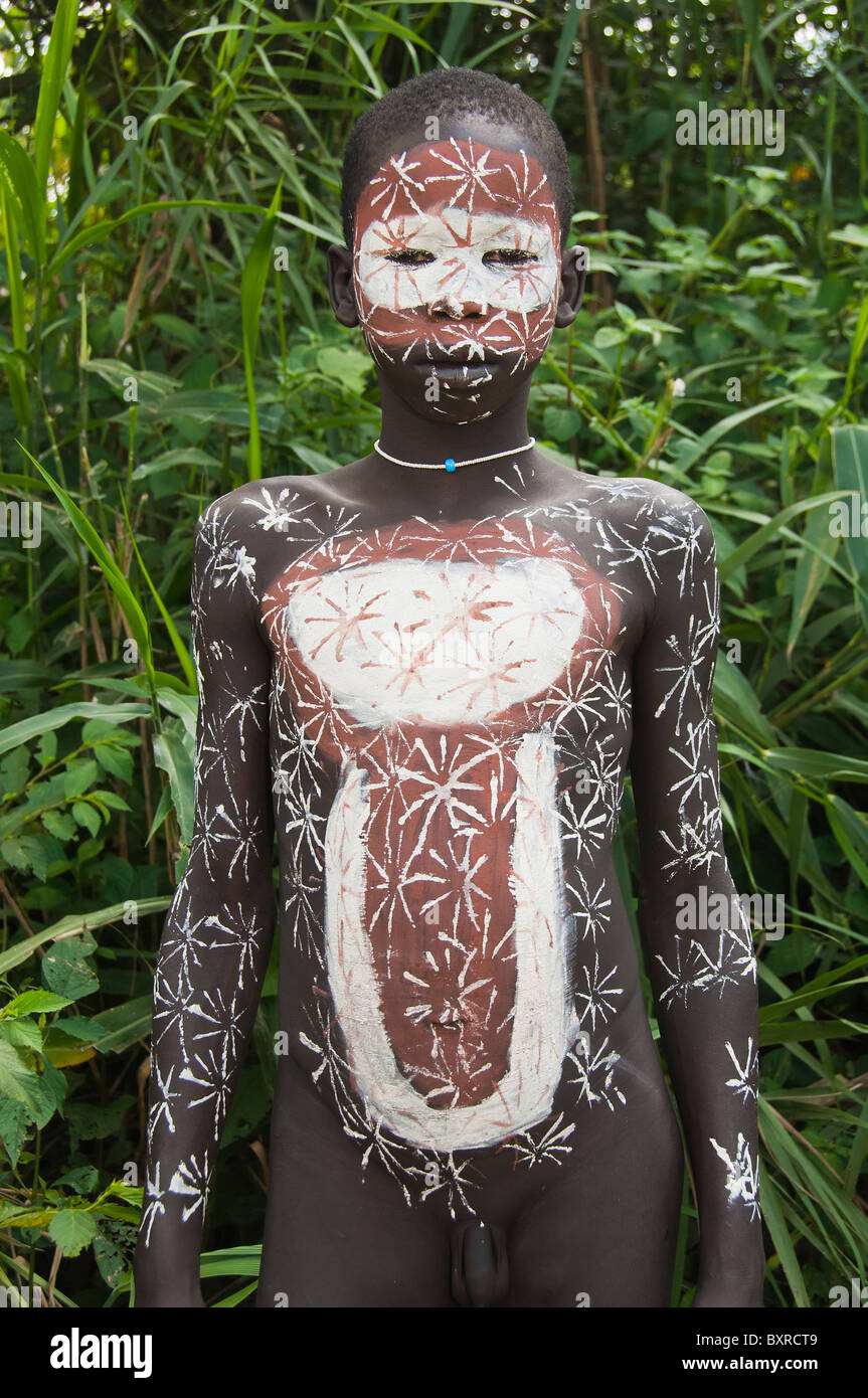 Surma boy with body paintings, Kibish, Omo River Valley, Ethiopia Africa Stock Photo