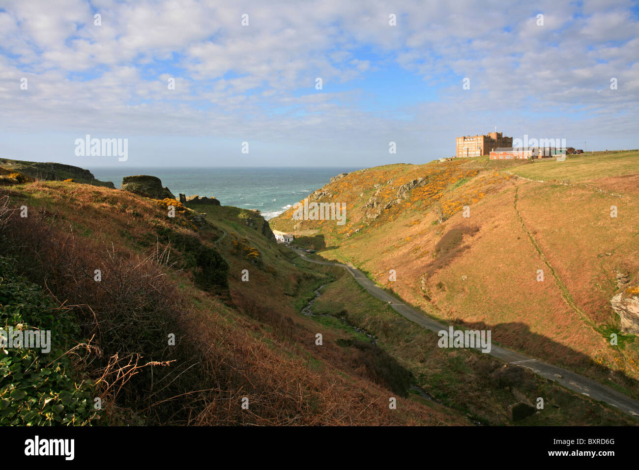 The across the valley at Tintagel towards the Camelot Castle Hotel Stock Photo