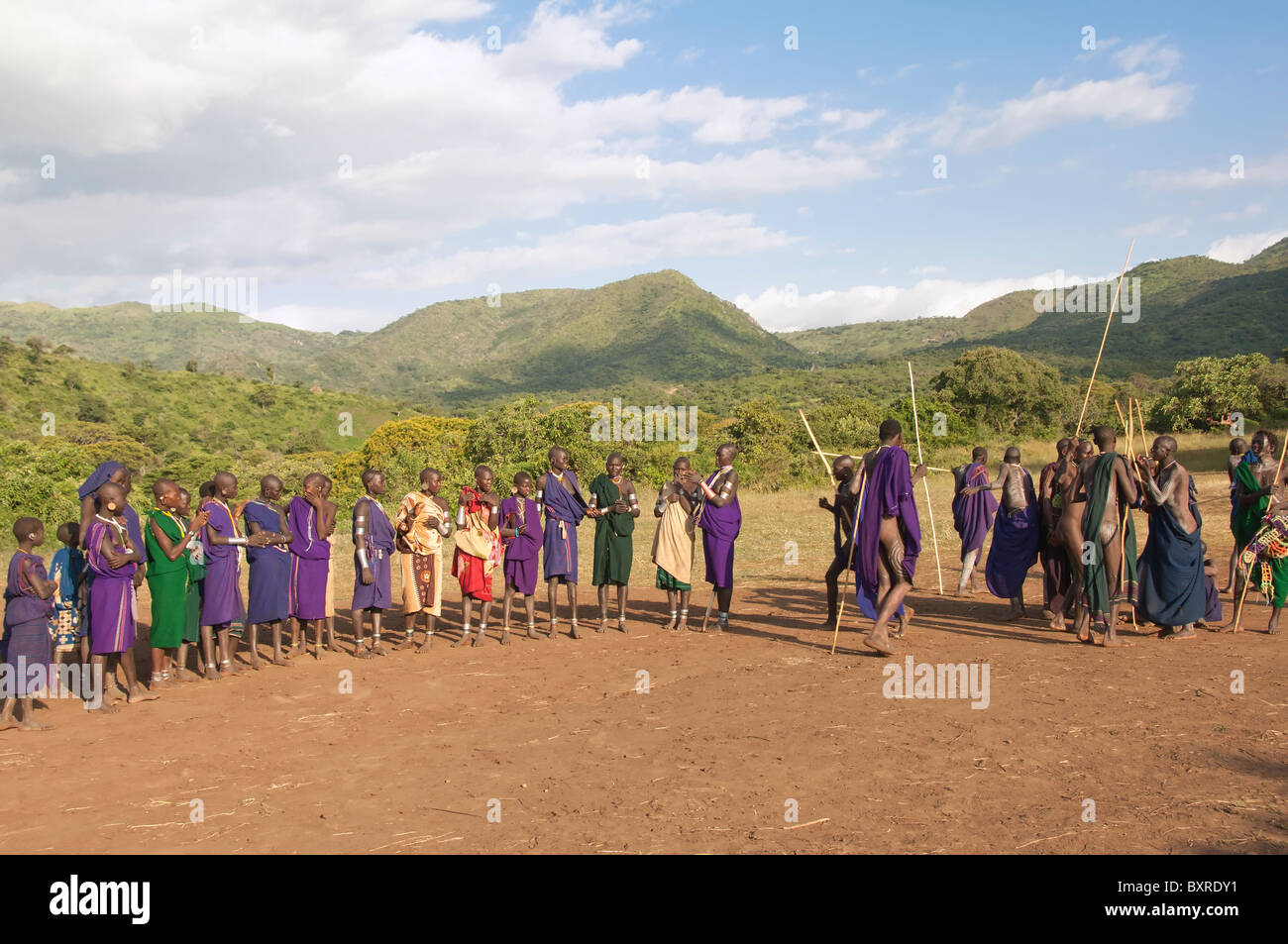 Donga stick fight ceremony, Surma tribe, Tulgit, Omo river valley, Ethiopia Africa Stock Photo