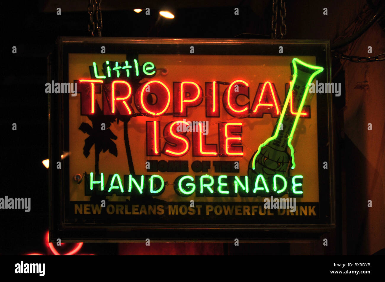 Little Tropical Isle Hand Grenade' neon sign on Bourbon Street, French