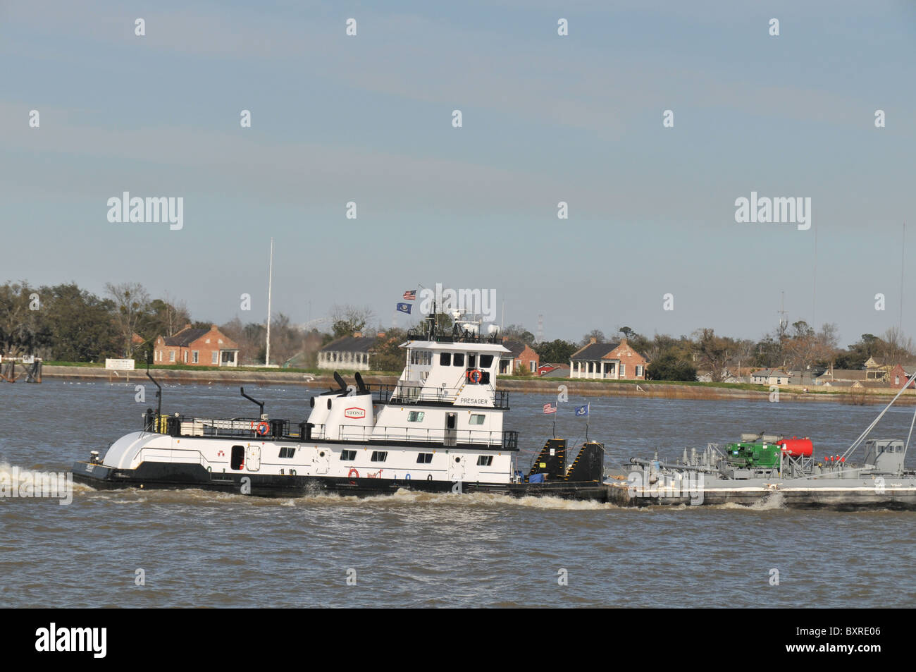 Tug pushing barge, Mississippi River, New Orleans, Louisiana Stock