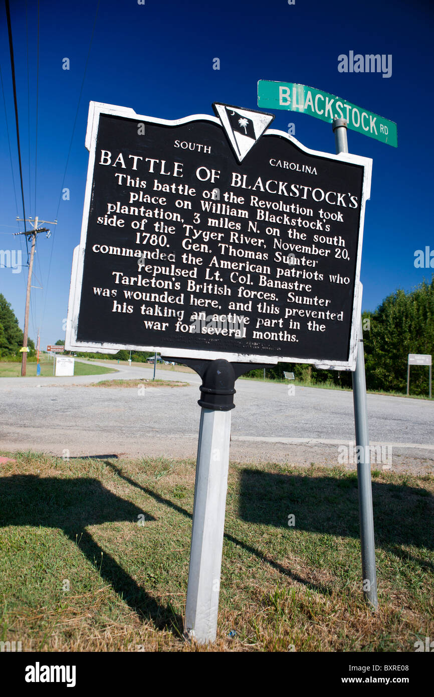 BATTLE OF BLACKSTOCK'S This battle of the Revolution took place on William Blackstock's plantation, 3 miles N. on the south side of the Tyger River, November 20, 1780. Gen. Thomas Sumter commanded the American patriots who repulsed Lt. Col. Banastre Tarleton's British forces. Sumter was wounded here, and this prevented his taking an active part in the war for several months. Erected by Union County Historical Foundation and Daniel Morgan Chapter, Sons of the American Revolution, 1986 Stock Photo