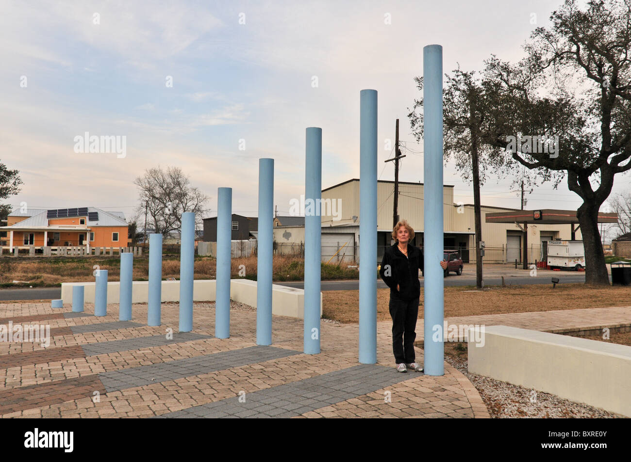 Display in park showing final height of flood waters in Lower Ninth Ward during Hurricane Katrina flood, New Orleans, Louisiana Stock Photo