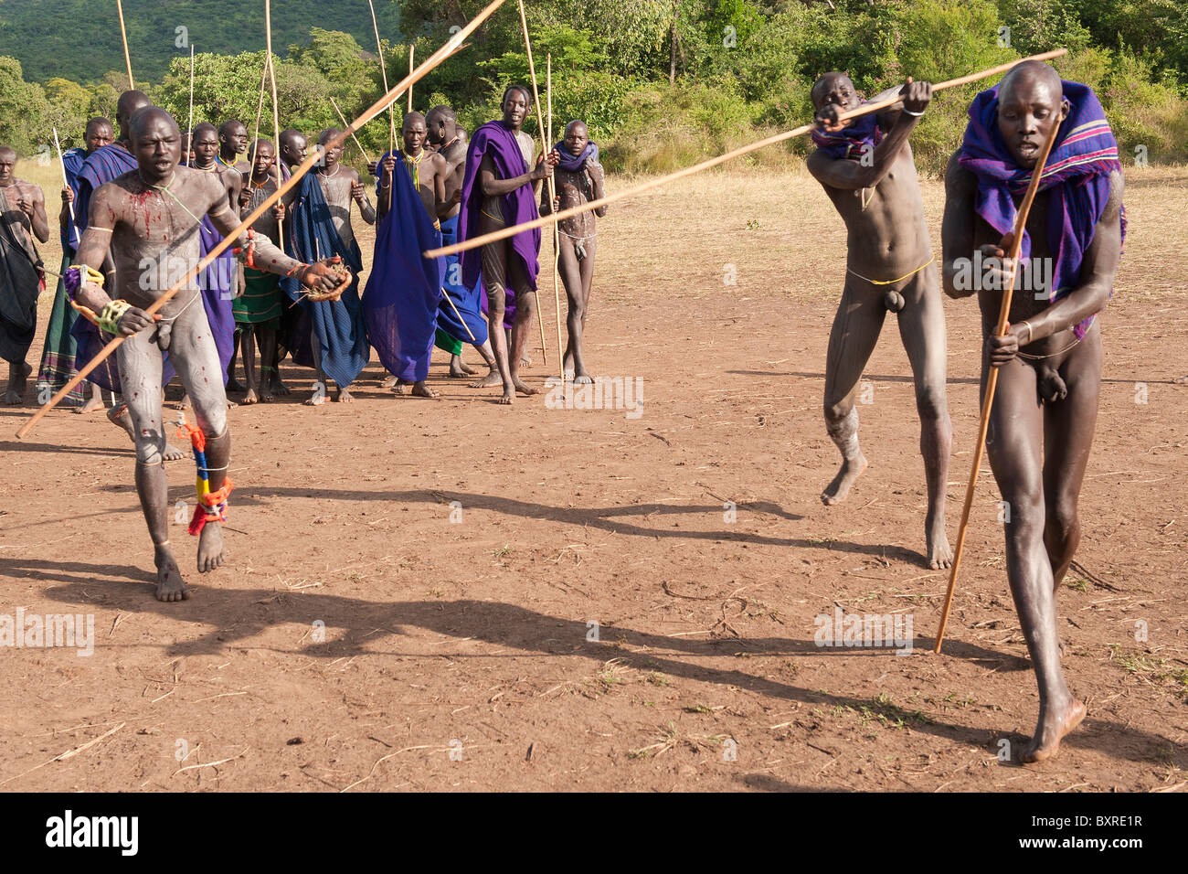 Donga stick fighters, Surma tribe, Tulgit, Omo river valley, Ethiopia Africa Stock Photo