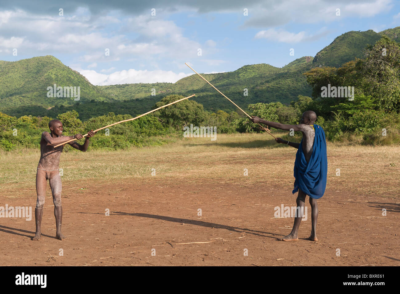 Donga stick fighters, Surma tribe, Tulgit, Omo river valley, Ethiopia Africa Stock Photo