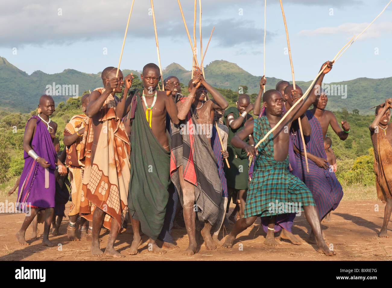 Donga stick fight ceremony, Surma tribe, Tulgit, Omo river valley, Ethiopia Africa Stock Photo