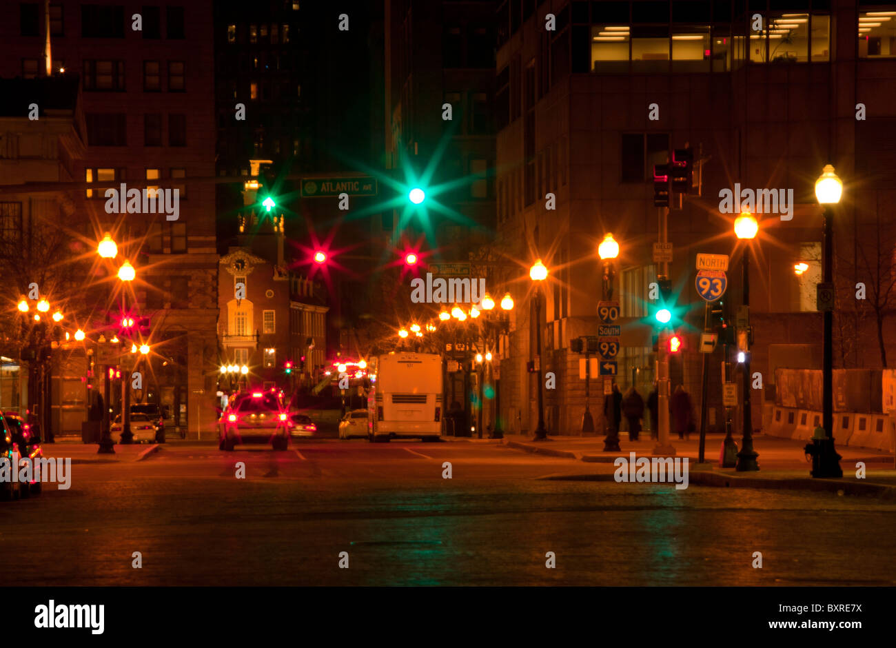 Traffic at night on State Street, Christmas, Boston, Ma, USA Stock Photo