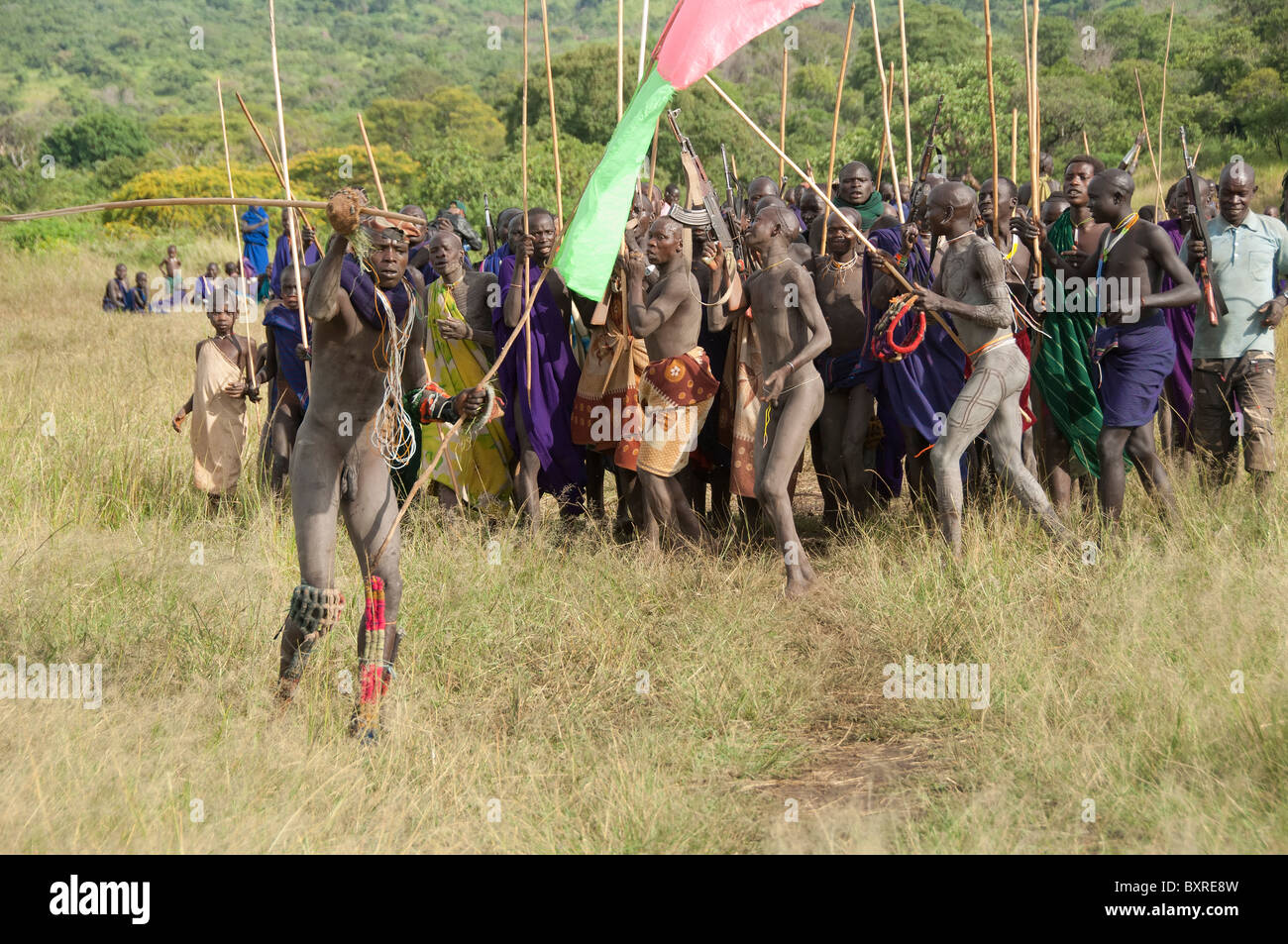 Donga stick fight ceremony, Surma tribe, Tulgit, Omo river valley, Ethiopia Africa Stock Photo