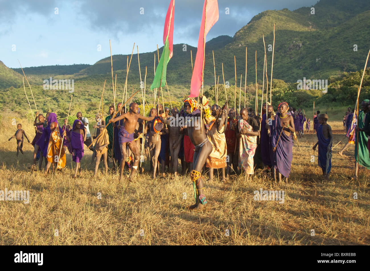 Donga stick fight ceremony, Surma tribe, Tulgit, Omo river valley, Ethiopia Africa Stock Photo