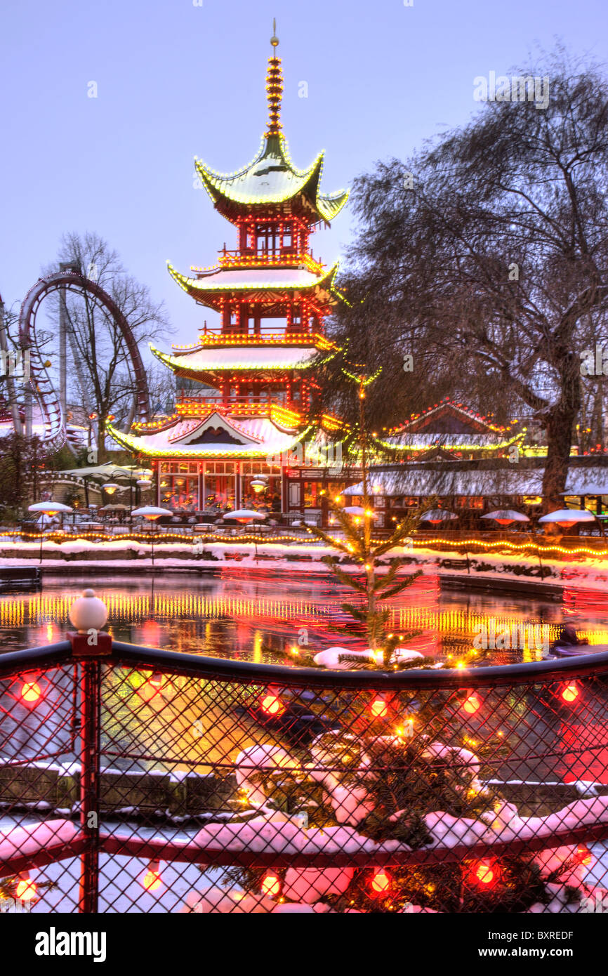 Christmas illuminated restaurant Chinese tower in Tivoli Copenhagen