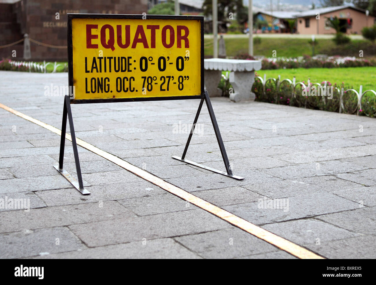 Equator line marked on the ground in the park 'Mitad del Mundo' (middle of the world) near Quito, the capital of Ecuador. Stock Photo