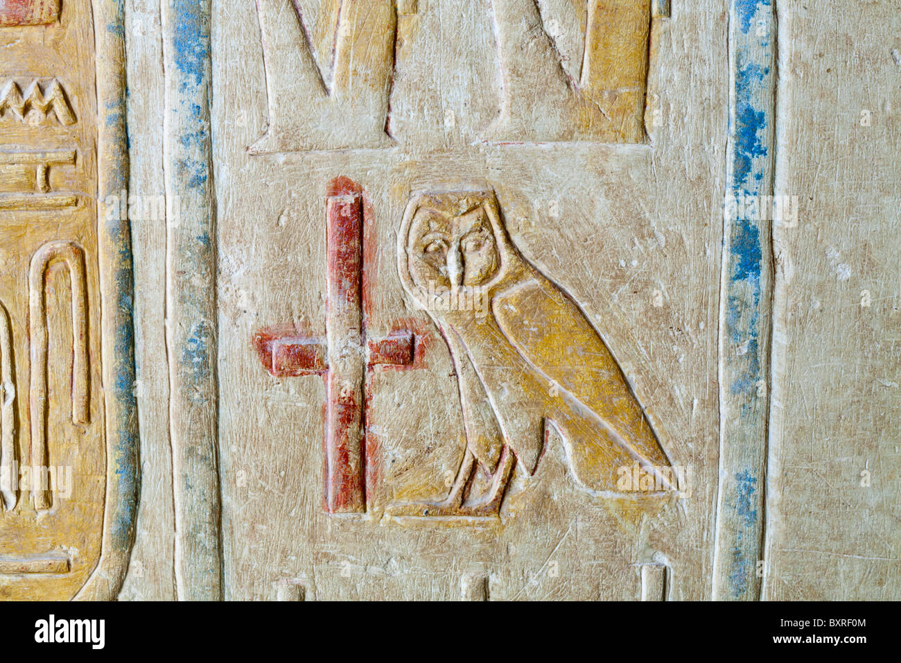 Close up of carved Hieroglyphs in the Temple of Ramesses II close to the Temple of Seti I at Abydos, Egypt Stock Photo