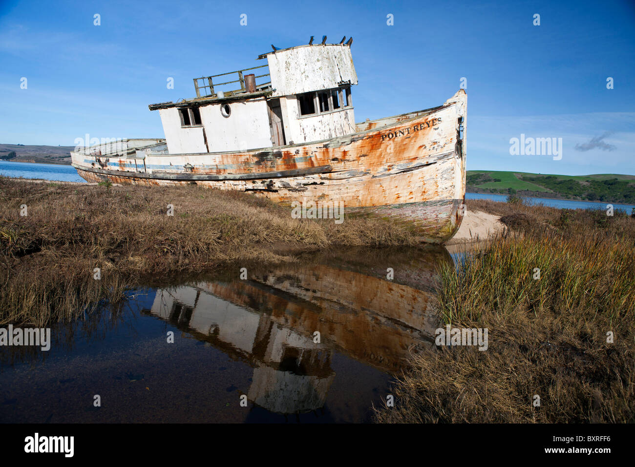Abandoned shipwreck of the Point Reyes along the shore of Tomales Bay, near Point Reyes National Seashore, California Stock Photo
