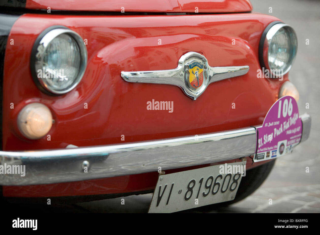 Fiat 500 (Cinquecento) Arbarth badge and number plate Stock Photo