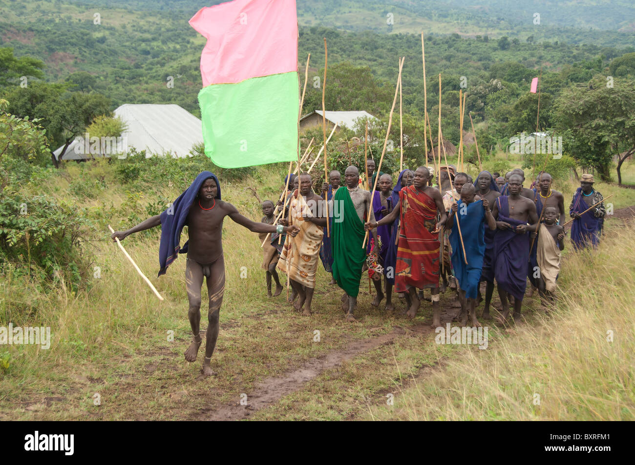 Donga stick fight ceremony, Surma tribe, Tulgit, Omo river valley, Ethiopia Africa Stock Photo
