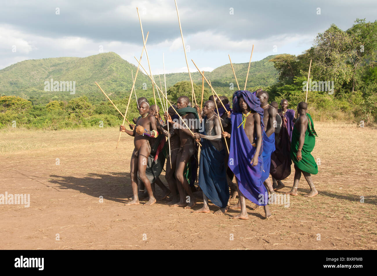 Donga stick fight ceremony, Surma tribe, Tulgit, Omo river valley, Ethiopia Africa Stock Photo