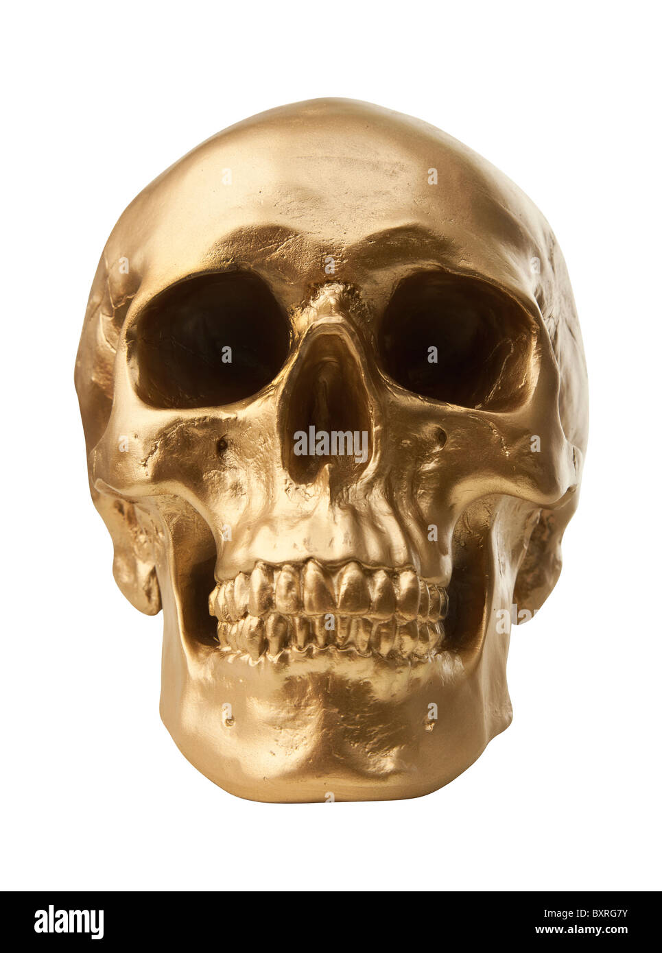 Golden human skull isolated on white background Stock Photo