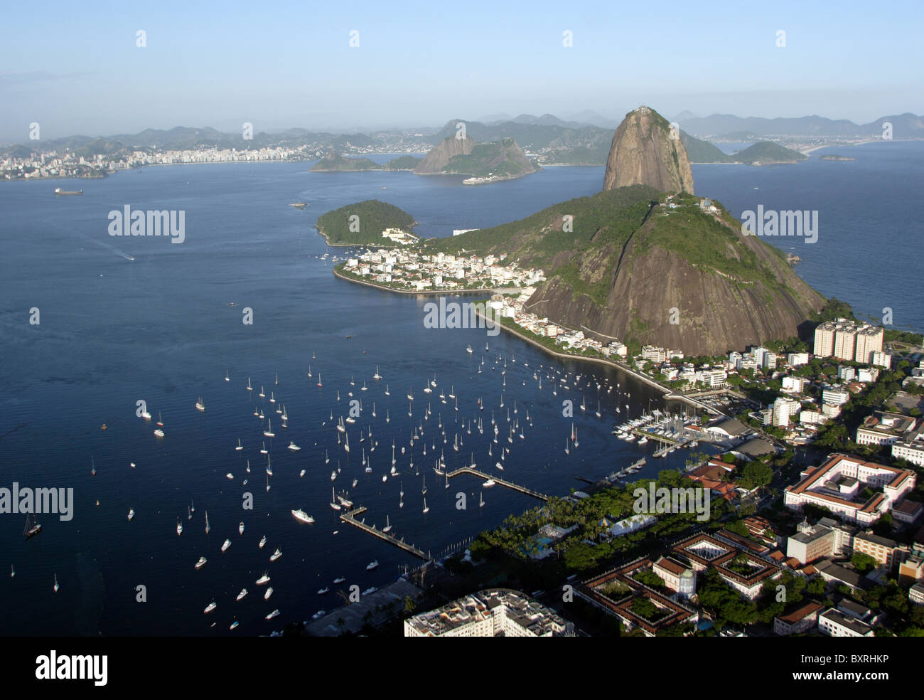 Brazil, Rio de Janeiro, City view from Mirante Dona Marta overlooking modern city with Sugar Loaf Mountain in distance Stock Photo