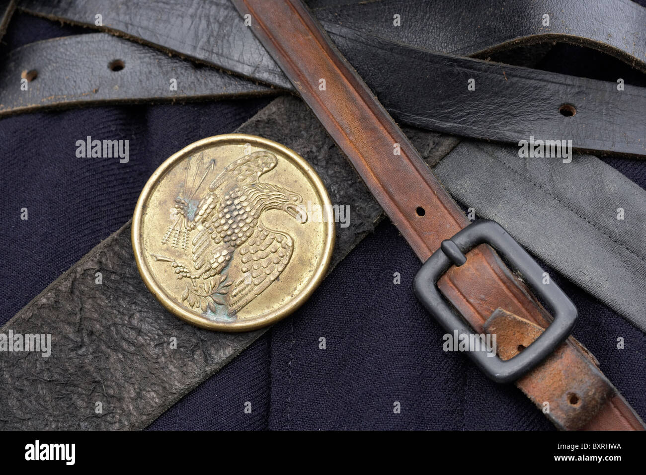 Brass eagle emblem on leather strap, as worn by Union infantrymen