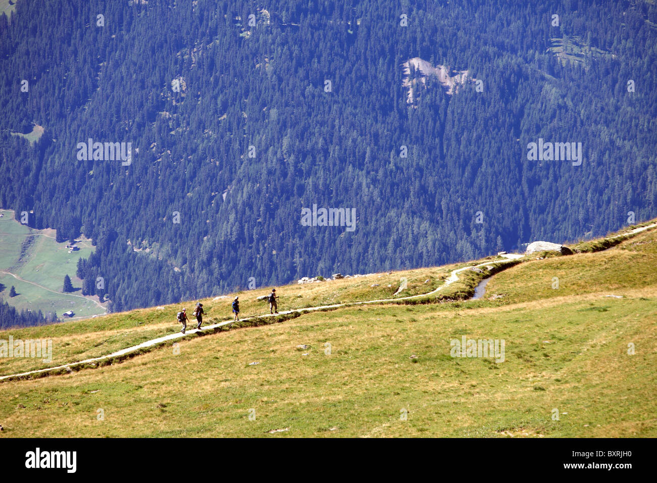 Hiking along the route of the bisses (irrigation channels) in the Alps above Verbier Stock Photo