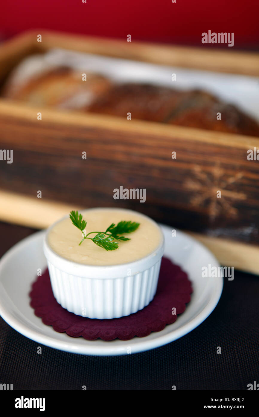 Bread and butter, served at restaurant Le Cristal at lift station Les Ruinettes in the Alps above Verbier, Switzerland Stock Photo
