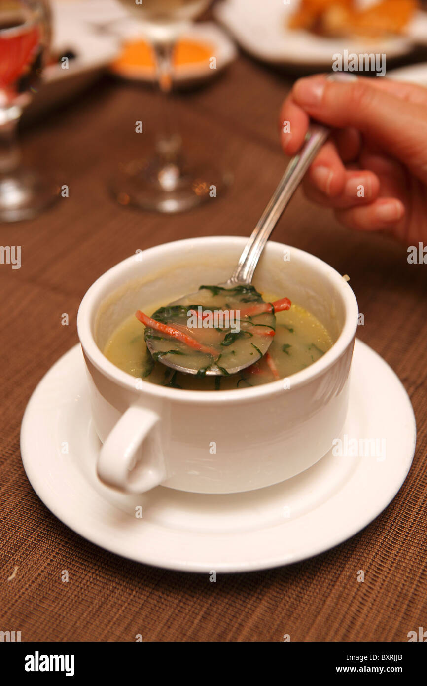 Caldo Verde - Portuguese green soup with chorizo sausage served in Restaurante Litoral in Macau, China Stock Photo