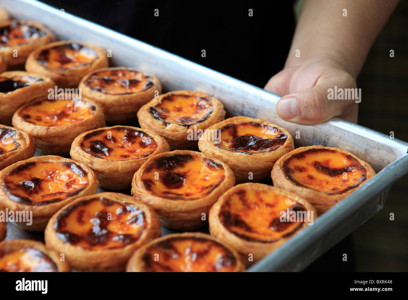 A tray of freshly baked Lord Stow's bakery famous egg tarts, "Pasteis