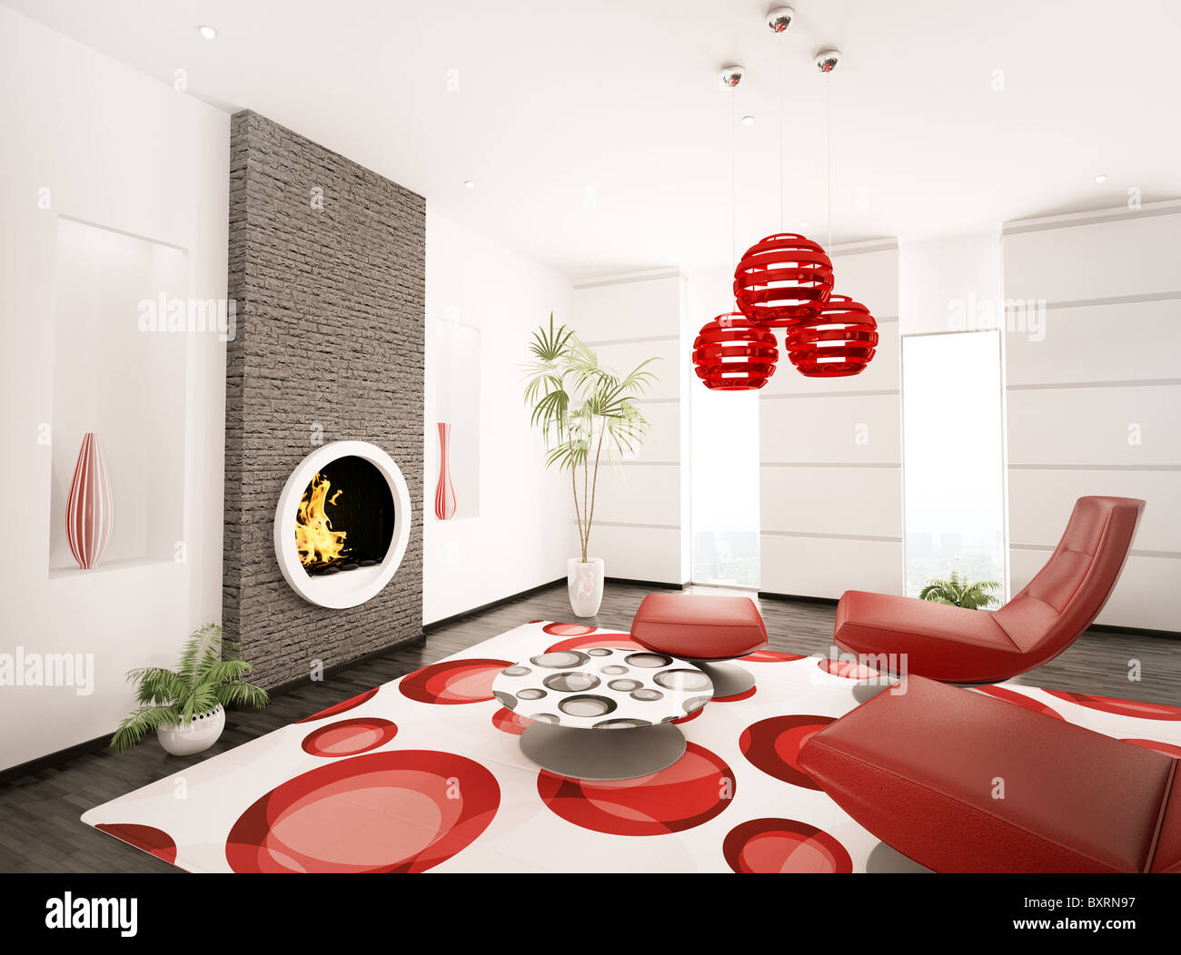 Modern interior of living room with fireplace 3d render Stock Photo - Alamy