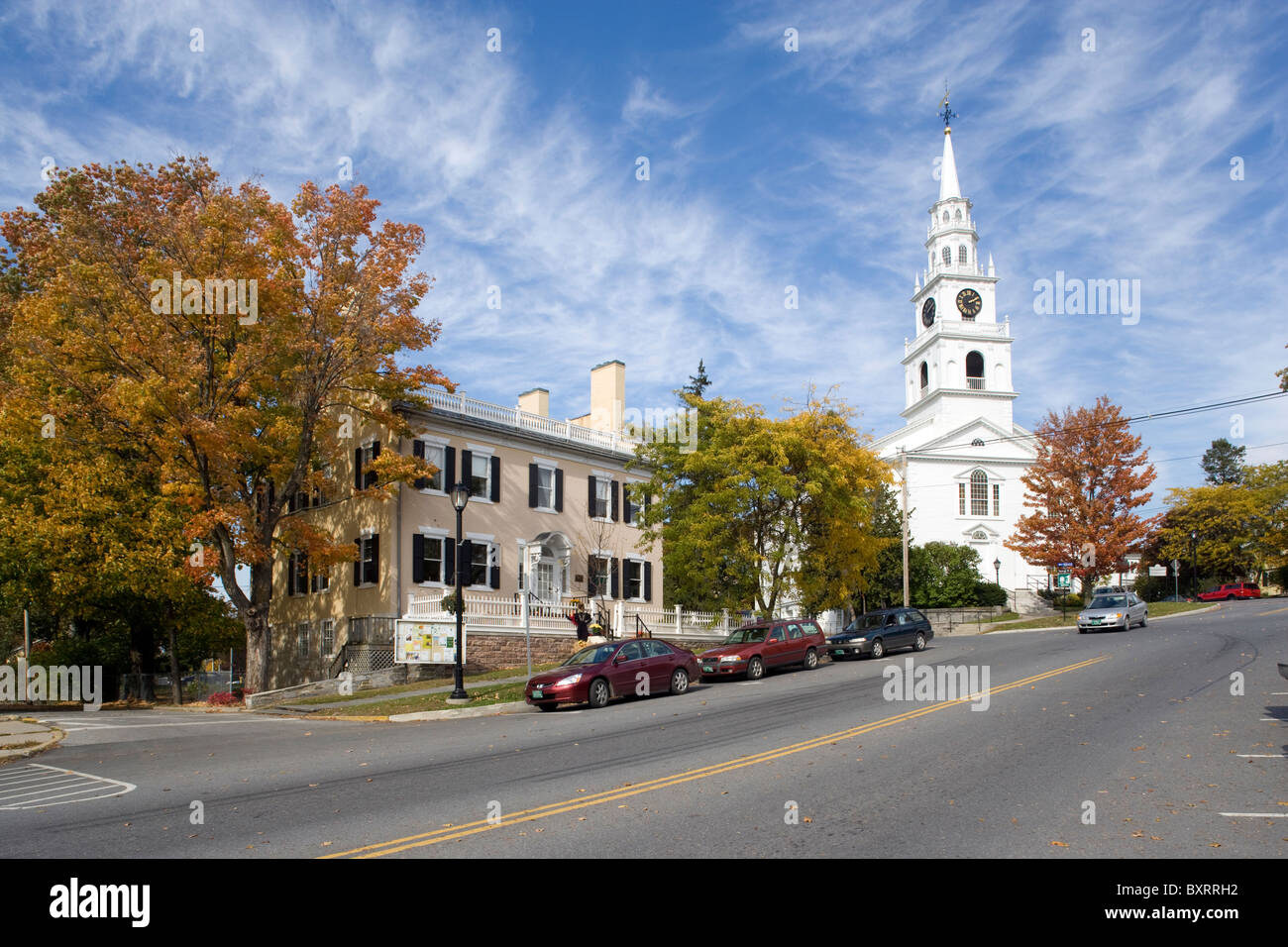 Vermont, Middlebury, Green Mountains, View of cars on main street and