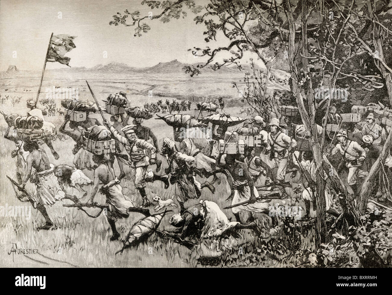 Stanley and his men finally emerging from the forest on to the Grassland in 1887, during Emin Pasha Relief Expedition Stock Photo
